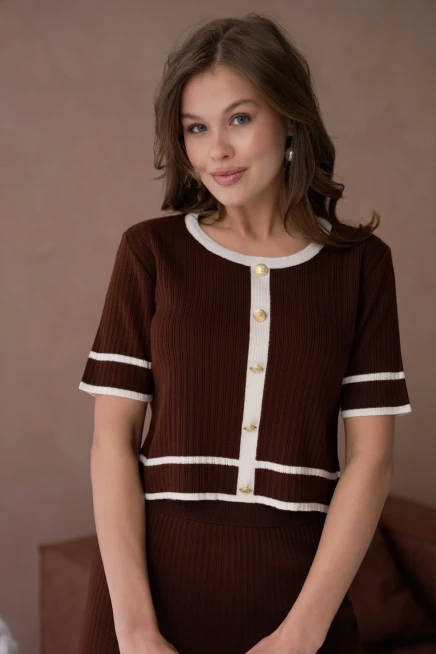 Bisiklet Yaka Düğme Detaylı Etek Bel Lastikli Bluz Etek İkili Triko Takım