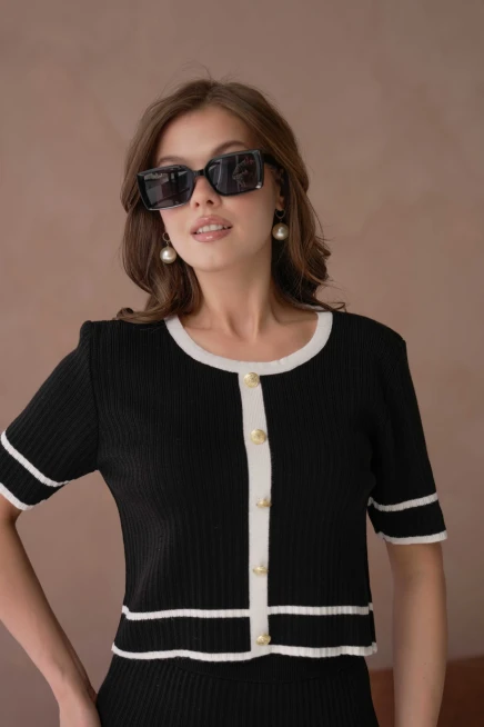 Bisiklet Yaka Düğme Detaylı Etek Bel Lastikli Bluz Etek İkili Triko Takım