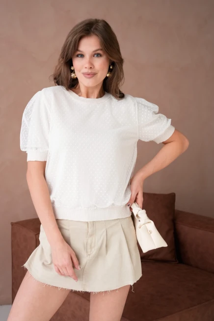 Bisiklet Yaka Full Beden Tül Detaylı Triko Bluz