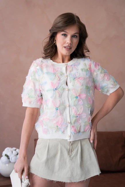 Bisiklet Yaka Tül Detaylı Düğmeli Triko Kazak