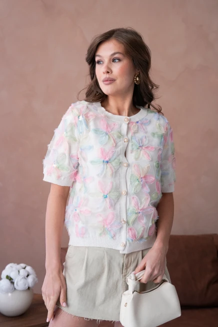 Bisiklet Yaka Tül Detaylı Düğmeli Triko Kazak