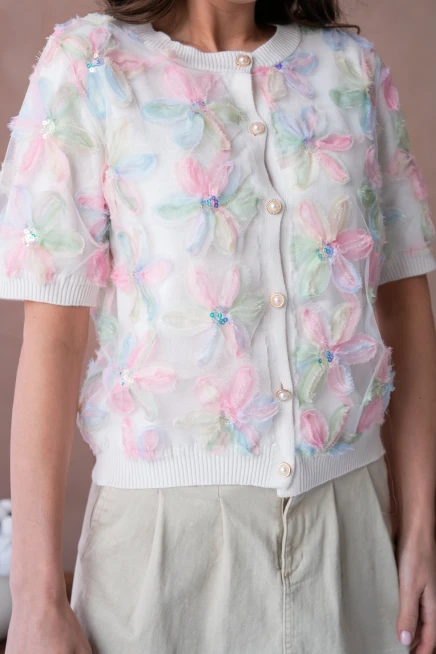 Bisiklet Yaka Tül Detaylı Düğmeli Triko Kazak