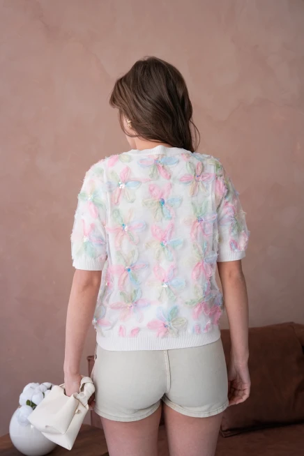 Bisiklet Yaka Tül Detaylı Düğmeli Triko Kazak