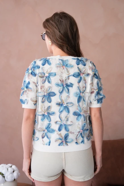 Bisiklet Yaka Tül Detaylı Düğmeli Triko Kazak