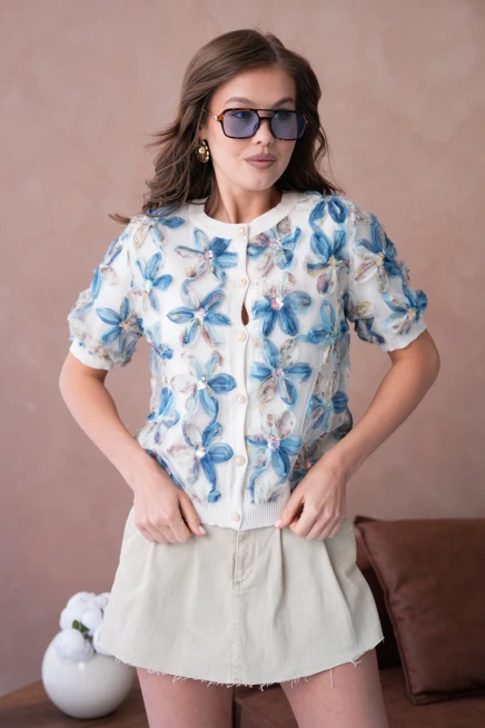 Bisiklet Yaka Tül Detaylı Düğmeli Triko Kazak