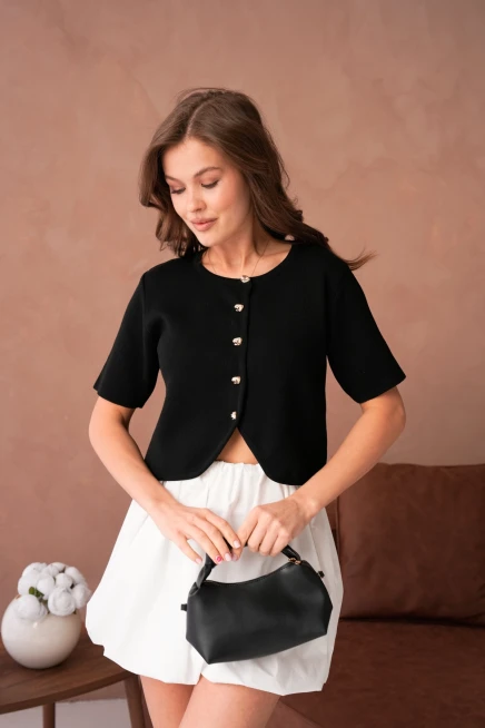 Bisiklet Yaka Düğme Detaylı Kısa Triko Ceket