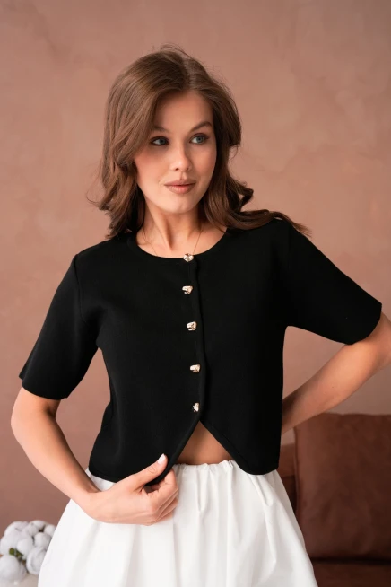 Bisiklet Yaka Düğme Detaylı Kısa Triko Ceket