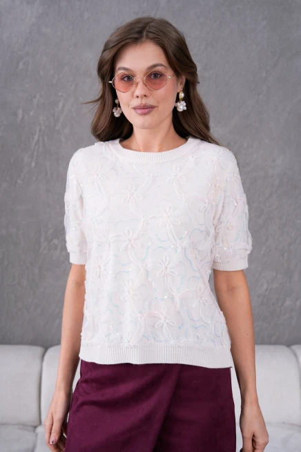 Bisiklet Yaka Tül Detaylı Triko Kazak