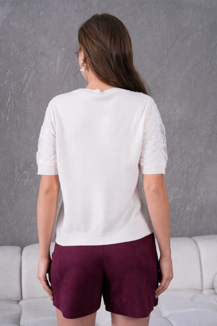 Bisiklet Yaka Tül Detaylı Triko Kazak