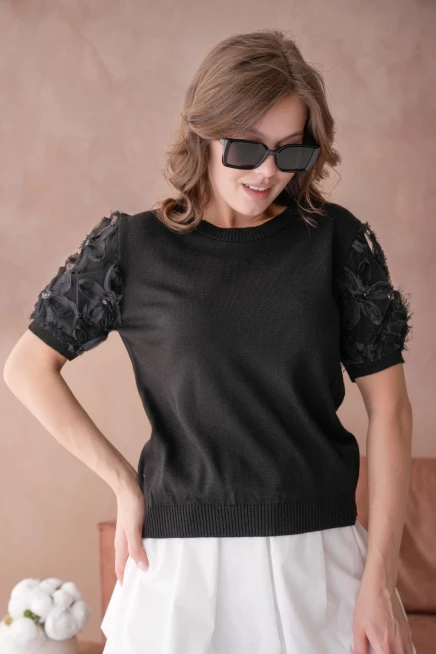 Bisiklet Yaka Kolu Tül Detaylı Triko Bluz