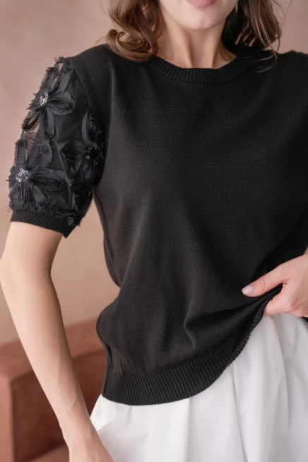 Bisiklet Yaka Kolu Tül Detaylı Triko Bluz