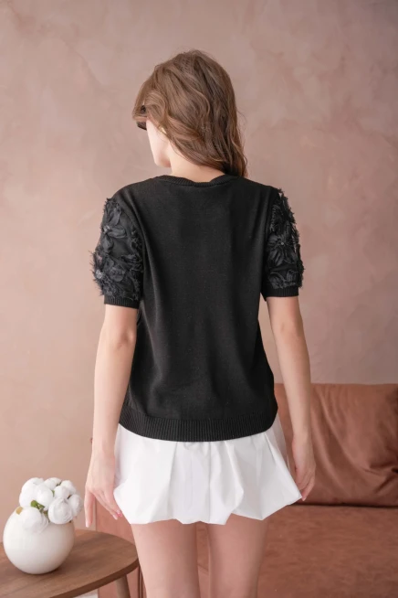 Bisiklet Yaka Kolu Tül Detaylı Triko Bluz