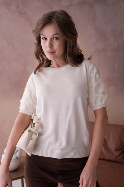 Bisiklet Yaka Kolu Tül Detaylı Triko Bluz