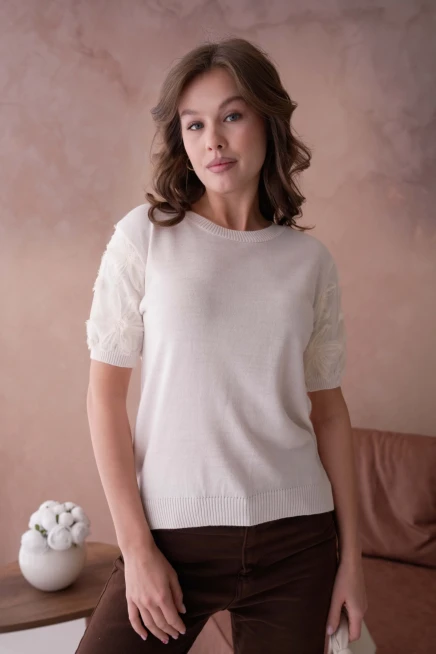 Bisiklet Yaka Kolu Tül Detaylı Triko Bluz