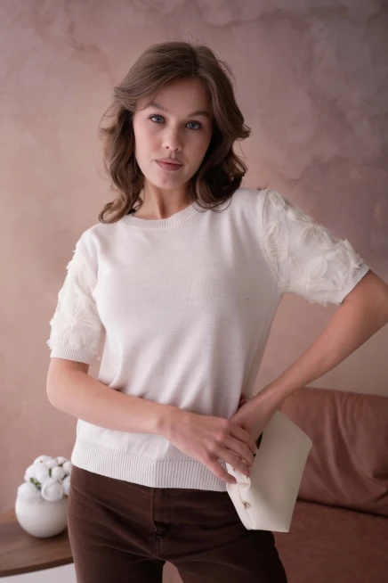 Bisiklet Yaka Kolu Tül Detaylı Triko Bluz