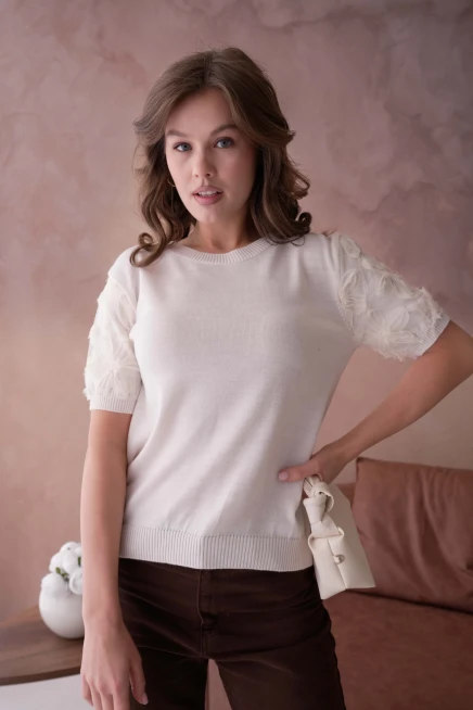 Bisiklet Yaka Kolu Tül Detaylı Triko Bluz