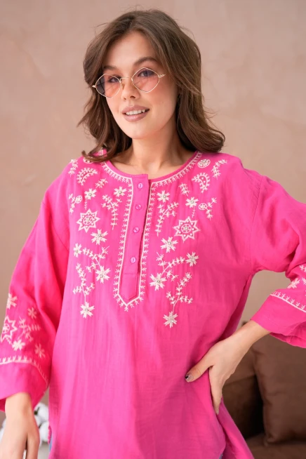 Yuvarlak Yaka Nakış İşleme Taş Detaylı Geniş Kol Salaş Dokuma Tunik