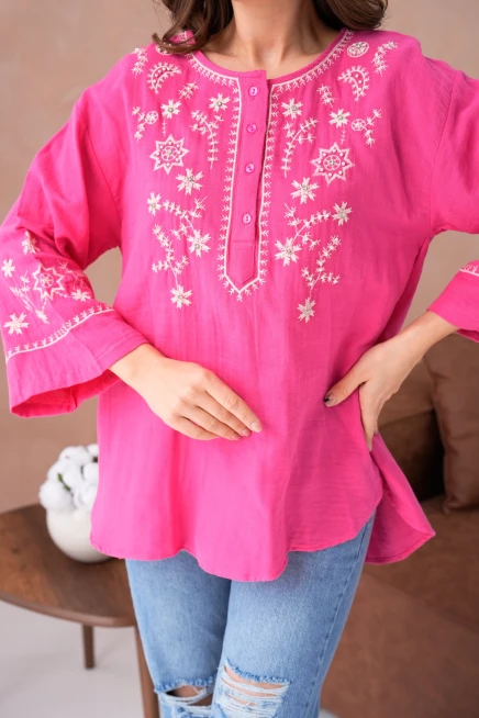 Yuvarlak Yaka Nakış İşleme Taş Detaylı Geniş Kol Salaş Dokuma Tunik