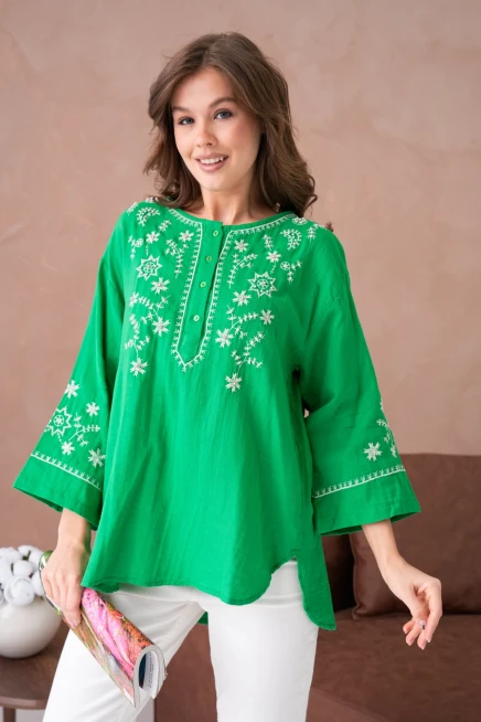 Yuvarlak Yaka Nakış İşleme Taş Detaylı Geniş Kol Salaş Dokuma Tunik