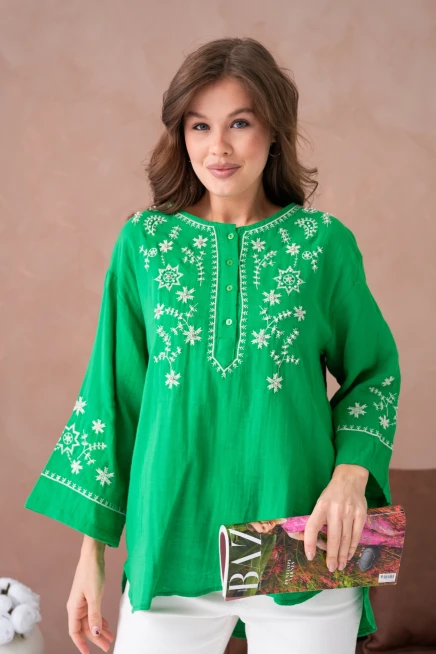 Yuvarlak Yaka Nakış İşleme Taş Detaylı Geniş Kol Salaş Dokuma Tunik