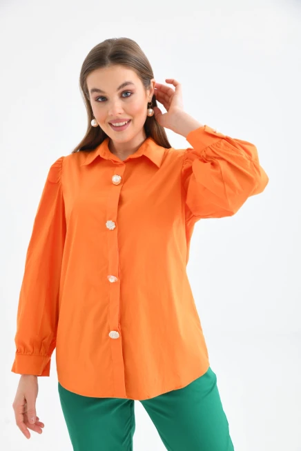 Gömlek Yaka Balon Kol Düğme Detay Dokuma Gömlek