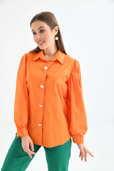 Gömlek Yaka Balon Kol Düğme Detay Dokuma Gömlek