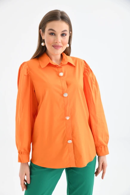 Gömlek Yaka Balon Kol Düğme Detay Dokuma Gömlek