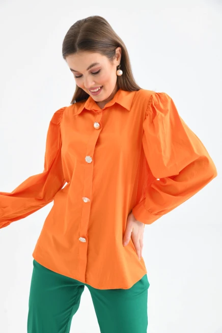 Gömlek Yaka Balon Kol Düğme Detay Dokuma Gömlek