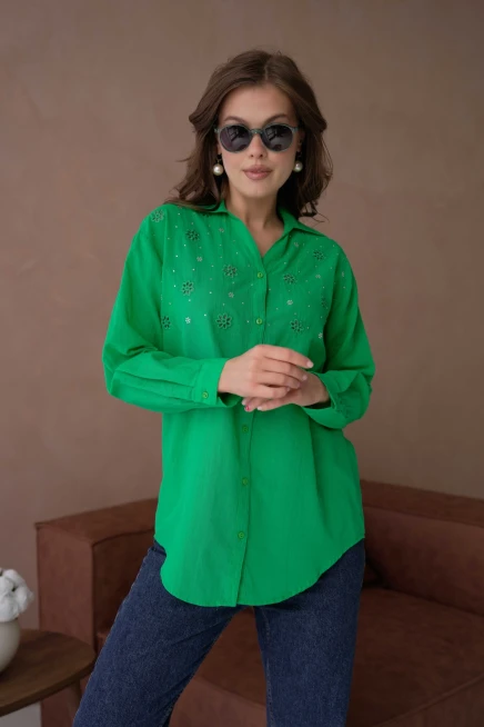 Gömlek Yaka Taş İşlemeli Nakış Detay Dokuma Gömlek
