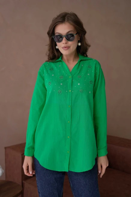 Gömlek Yaka Taş İşlemeli Nakış Detay Dokuma Gömlek