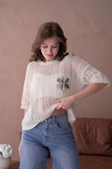 Bisiklet Yaka Aplikeli Ajurlu Salaş Triko Bluz