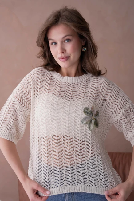 Bisiklet Yaka Aplikeli Ajurlu Salaş Triko Bluz