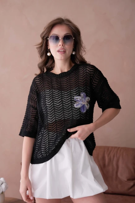 Bisiklet Yaka Aplikeli Ajurlu Salaş Triko Bluz