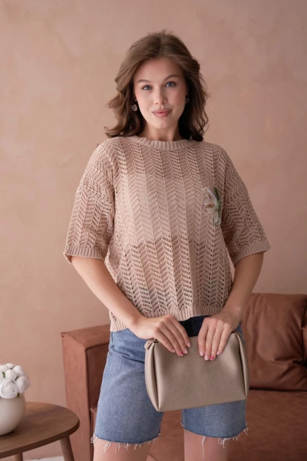 Bisiklet Yaka Aplikeli Ajurlu Salaş Triko Bluz