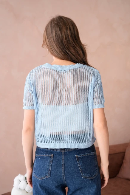 Bisiklet Yaka Aksesuarlı Ajurlu Triko Bluz