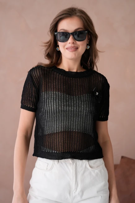 Bisiklet Yaka Aksesuarlı Ajurlu Triko Bluz