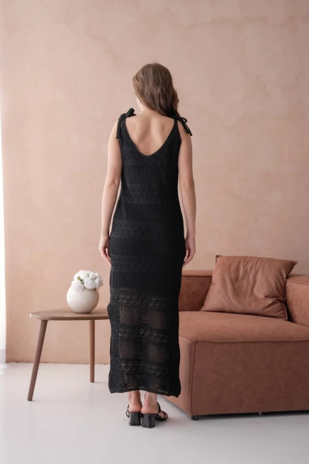 Askılı Ajur Desen Astarlı Uzun Elbise