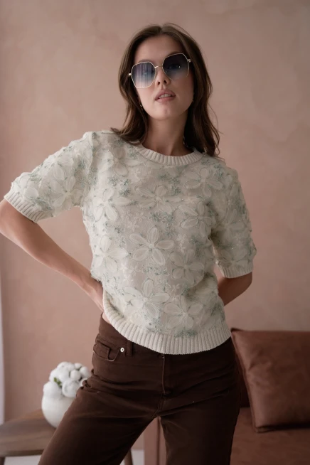 Bisiklet Yaka Tül Detaylı Triko Kazak