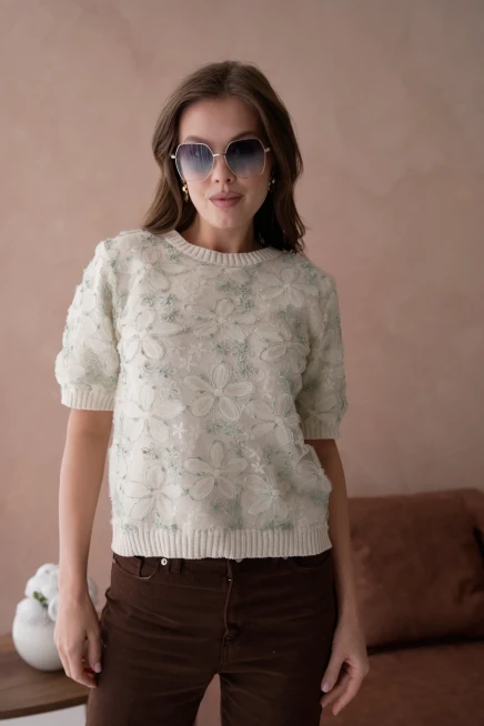 Bisiklet Yaka Tül Detaylı Triko Kazak