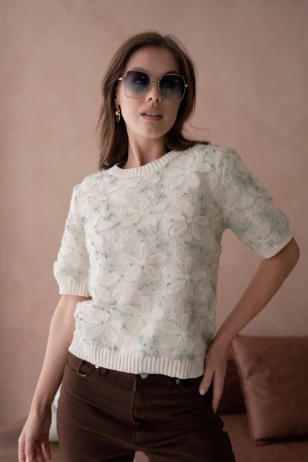 Bisiklet Yaka Tül Detaylı Triko Kazak