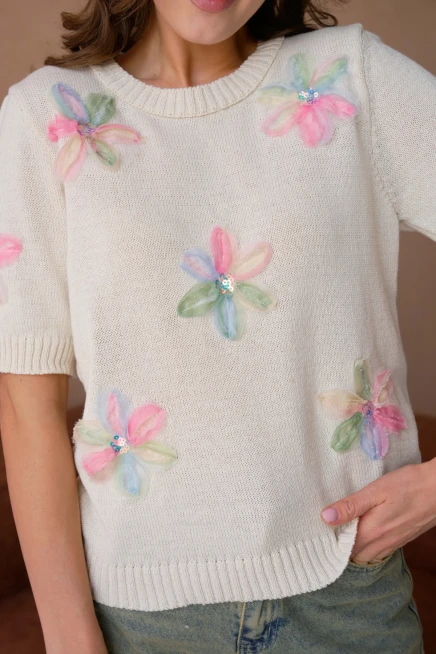 Bisiklet Yaka  Aplikeli Triko Kazak