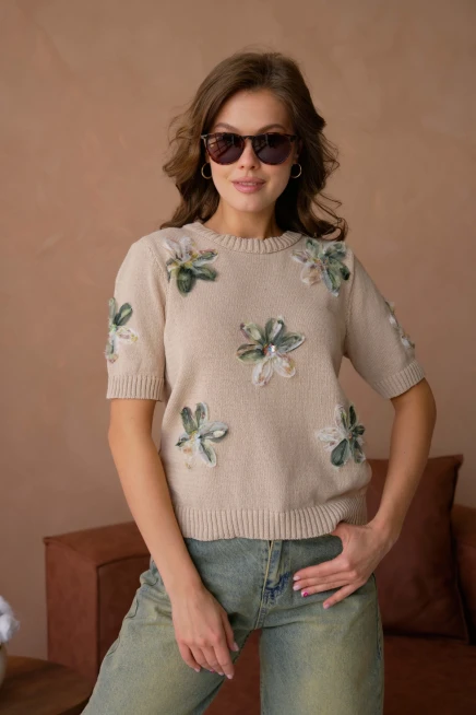 Bisiklet Yaka  Aplikeli Triko Kazak