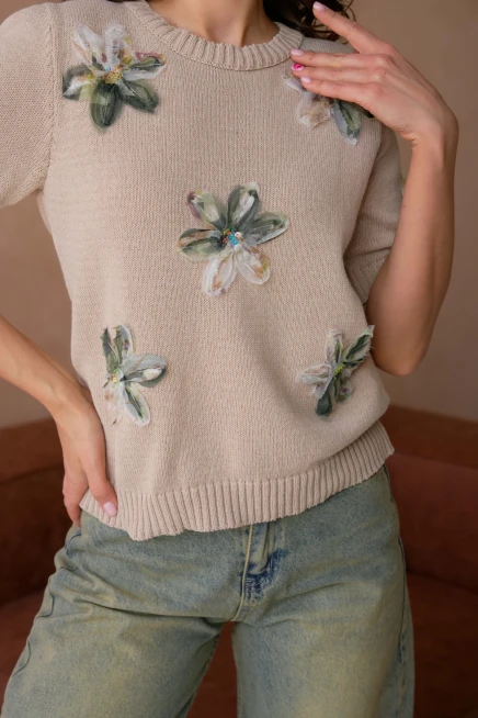 Bisiklet Yaka  Aplikeli Triko Kazak