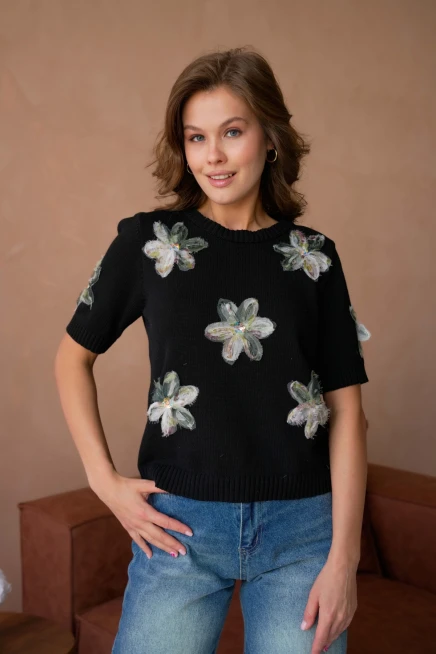 Bisiklet Yaka  Aplikeli Triko Kazak