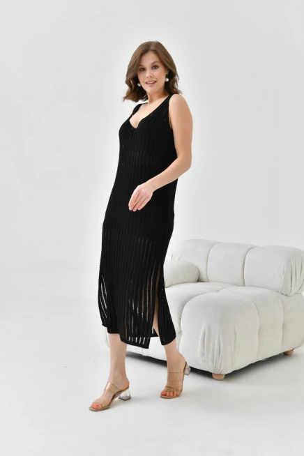 Kadın Askılı Örgü Detay Midi Yırtmaçlı Triko Elbise