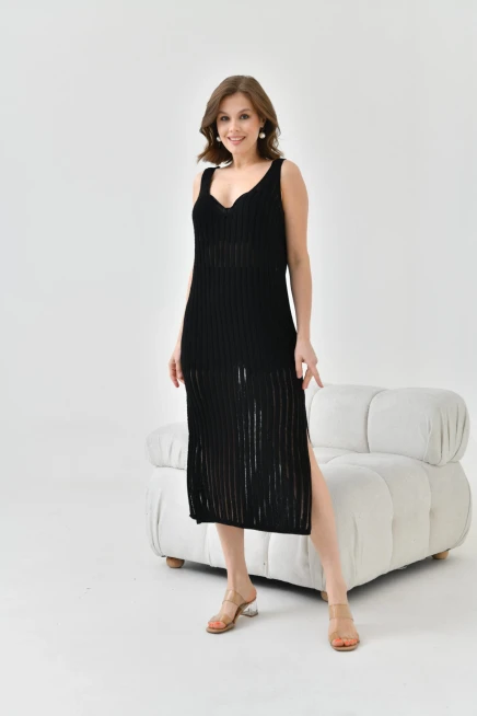 Kadın Askılı Örgü Detay Midi Yırtmaçlı Triko Elbise