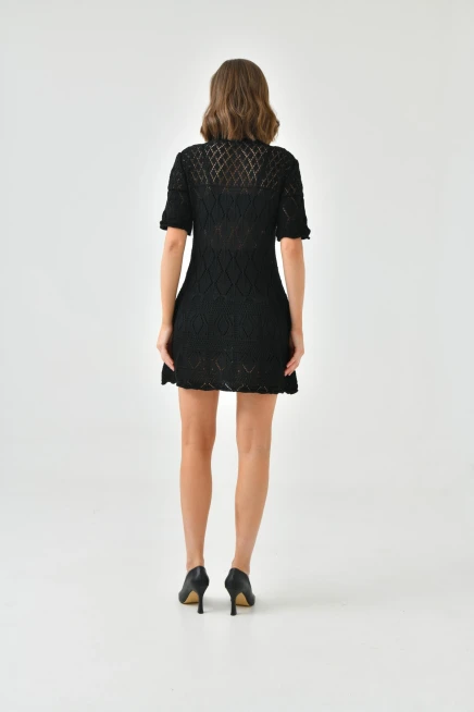 Bağlama Yakalı Ajurlu Kısa Kol Triko Elbise