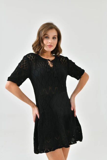 Bağlama Yakalı Ajurlu Kısa Kol Triko Elbise