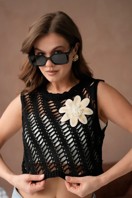 Kadın Bisiklet Yaka Ajurlu Kolsuz Triko Bluz