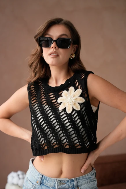 Kadın Bisiklet Yaka Ajurlu Kolsuz Triko Bluz